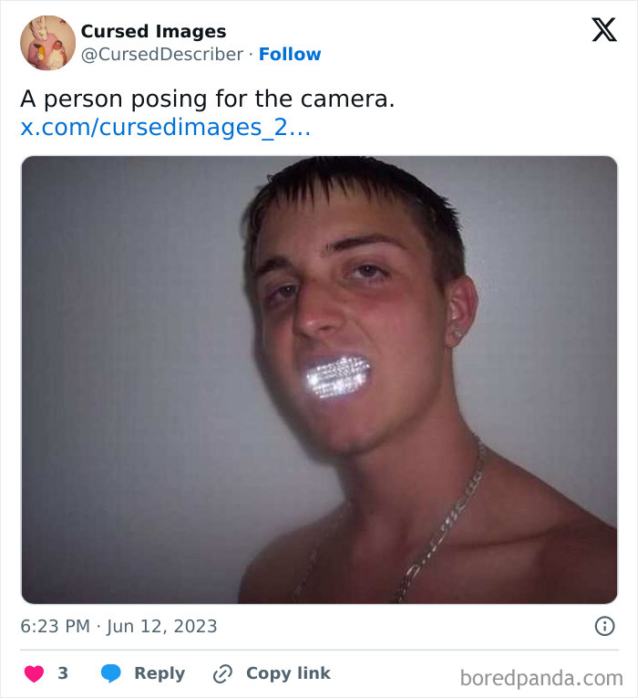 Young man with a shiny, glittering object in his mouth posing for a disturbing cursed image photo.