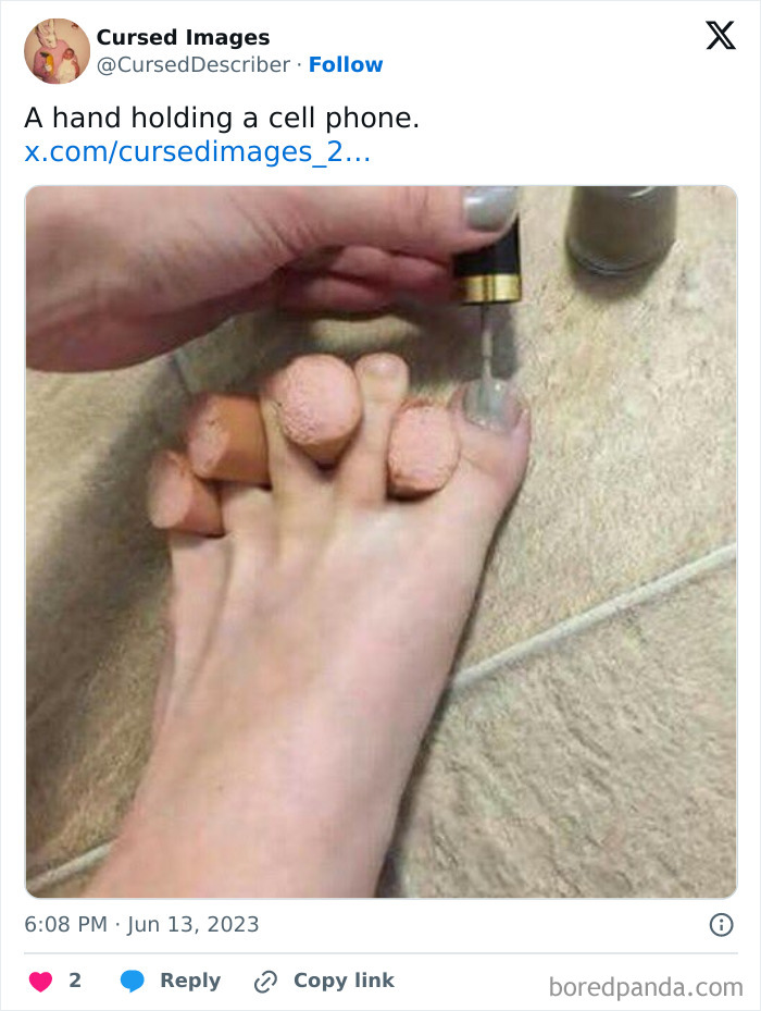 Foot with bent toes wrapped in makeup sponges while clear nail polish is being applied, disturbing pictures concept.