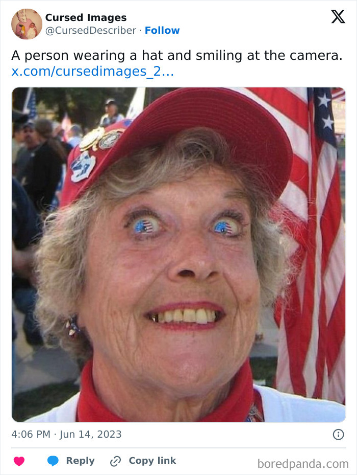 Elderly woman with distorted eyes reflecting American flags, wearing a red hat, captured in a disturbing cursed image.
