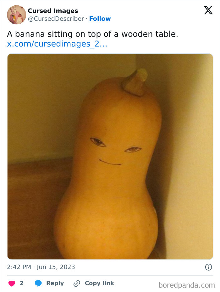 A distorted squash with drawn eyes and a smile, creating a disturbing and cursed visual effect.