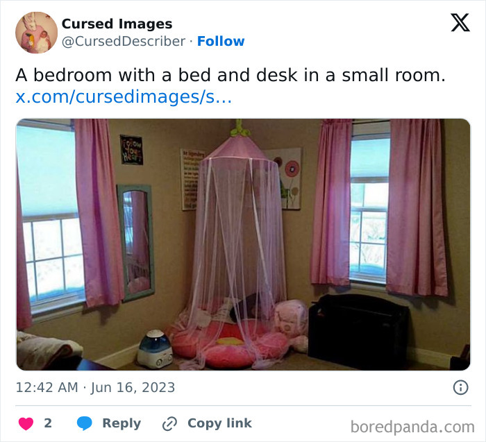 Small bedroom with a pink canopy, pillows, and curtains creating a disturbing cursed image atmosphere.