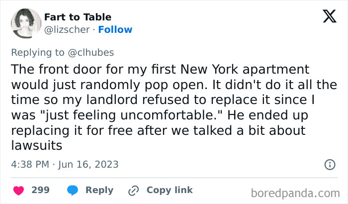 Tenant shares a landlord horror story about a faulty apartment door and refusal to replace it causing renter distress.