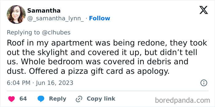 Tweet about landlord covering up skylight during apartment renovation causing dust and debris, showing horrible landlord behavior from renters' perspective.