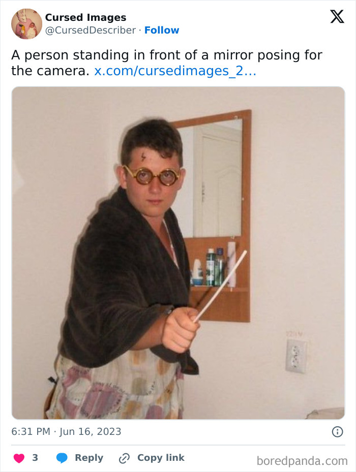 A person dressed in a makeshift wizard costume holding a wand, creating a disturbing cursed image vibe.