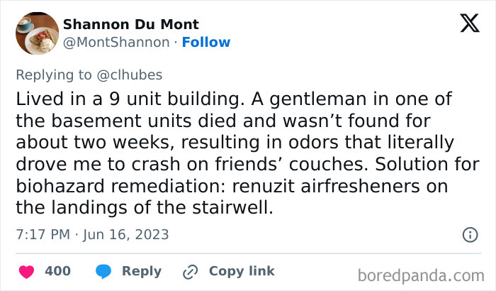 Tweet describing a landlord's poor biohazard cleanup after a tenant died, causing unbearable odors in the rental unit.