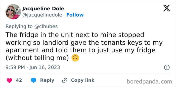Tweet showing a tenant sharing how a landlord gave other tenants keys to her apartment to use her fridge.