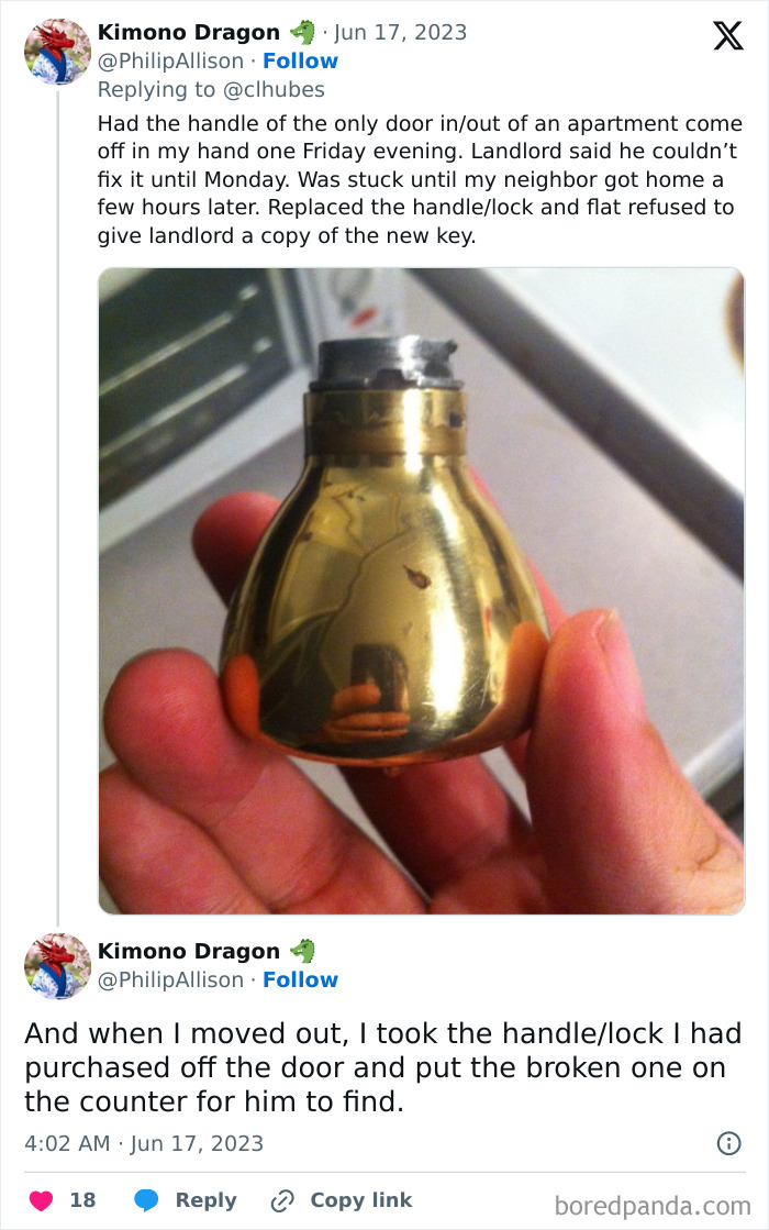 Close-up of a broken brass door handle held in a hand, showing a landlord-renter dispute over repairs.