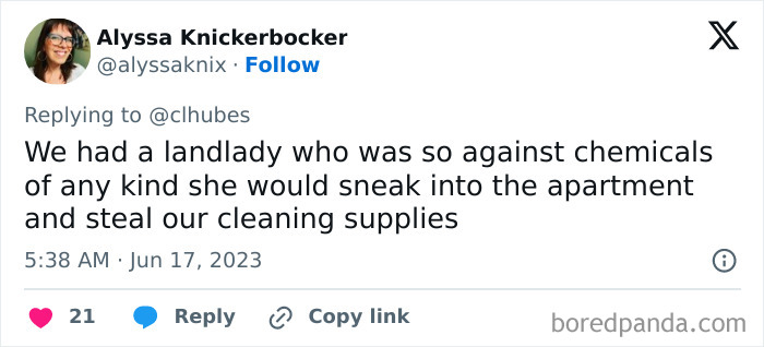 Tweet about a landlord sneaking into an apartment to steal cleaning supplies, illustrating horrible landlord behavior.