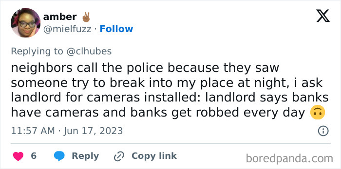 Tweet showing a renter’s complaint about a landlord refusing security cameras after a break-in attempt, highlighting horrible landlord behavior.