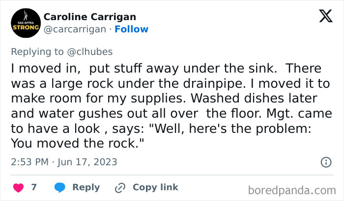 Screenshot of a tweet about a landlord problem involving a rock under the sink causing water to gush on the floor.