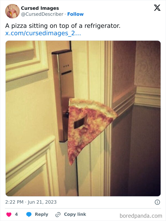 A slice of pizza oddly lodged in a door handle, creating a disturbing and cursed visual effect.