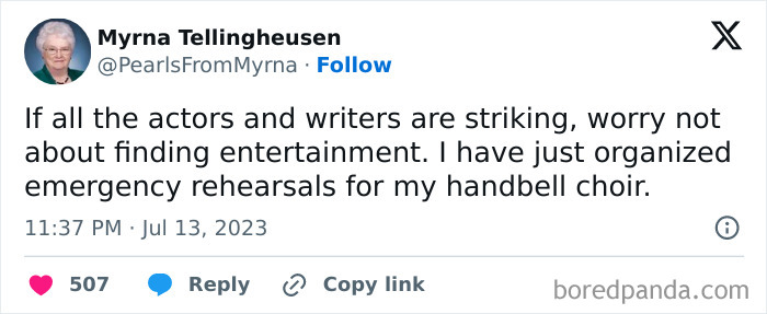 Tweet from internet’s funniest grandma sharing a sharp joke about actors striking and her handbell choir rehearsals.