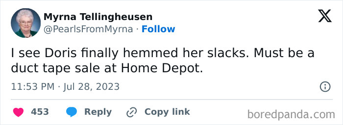 Screenshot of a tweet by the internet’s funniest grandma making a witty joke about hemming slacks with duct tape.