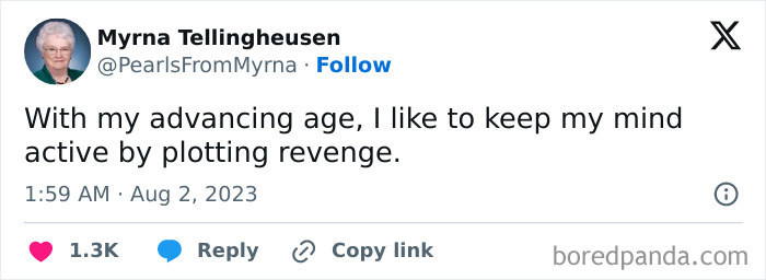 Screenshot of a tweet from the Internet’s funniest grandma sharing a sharp joke about keeping her mind active.