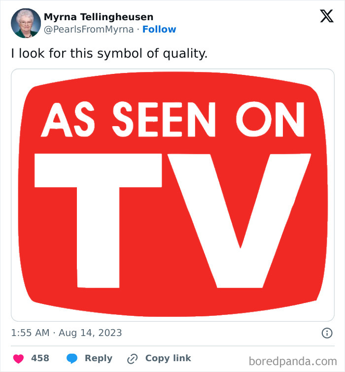 Tweet by internet’s funniest grandma featuring a red and white As Seen On TV logo symbolizing quality products.