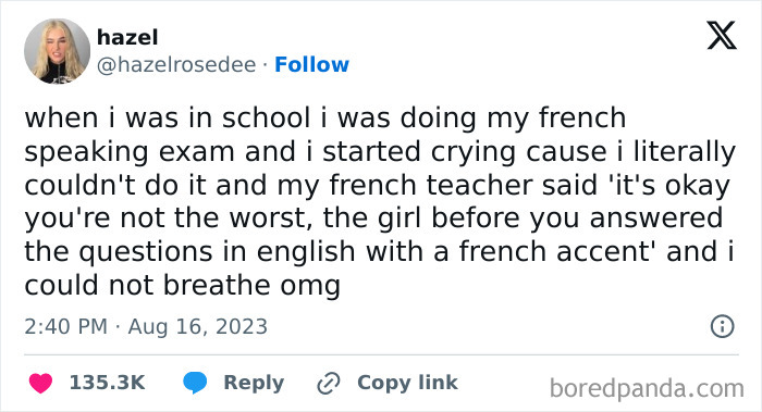 Tweet showing a funny British joke about struggling in a French speaking exam and a hilarious teacher comment.