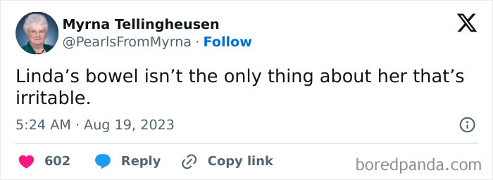 Twitter post by internet’s funniest grandma sharing a sharp, witty joke with 600+ likes and multiple replies.