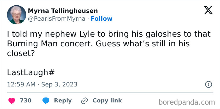 Tweet from internet’s funniest grandma sharing a witty joke about her nephew and galoshes with sharp humor.