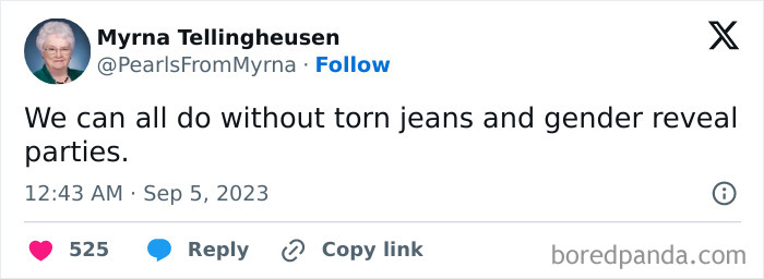 Tweet from internet’s funniest grandma sharing a witty joke about torn jeans and gender reveal parties.