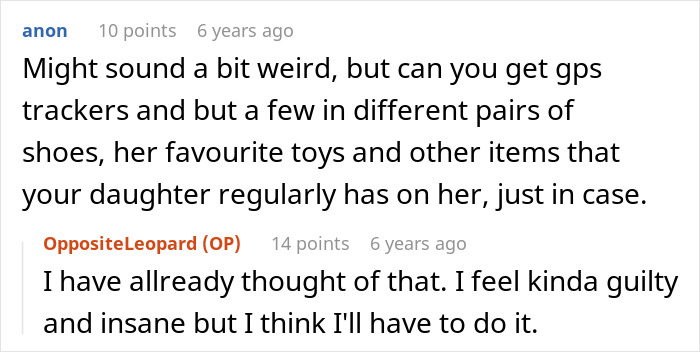 Conversation screenshot showing a user and OP discussing using GPS trackers to keep a toddler safe amid concerns about essential oils poisoning.
