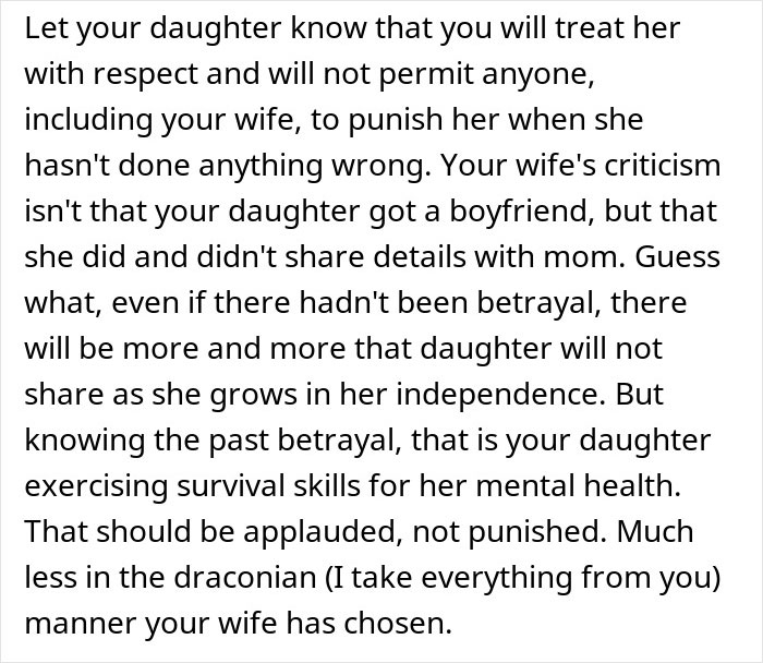 Text about telling wife why daughter doesn&rsquo;t trust, emphasizing respect and understanding daughter&rsquo;s survival skills for mental health.
