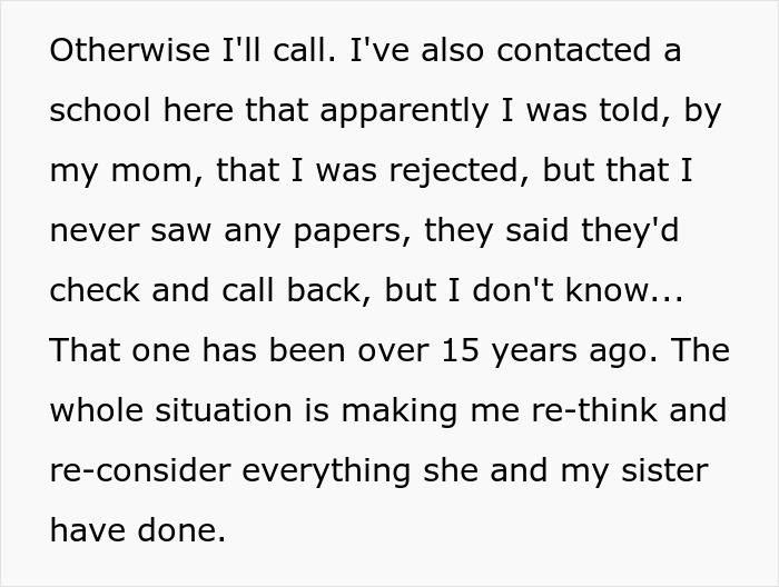 Text excerpt discussing a woman learning the truth about why she never got to study abroad and reconsidering past events. Text excerpt discussing a woman learning the truth about why she never got to study abroad and reconsidering past events.