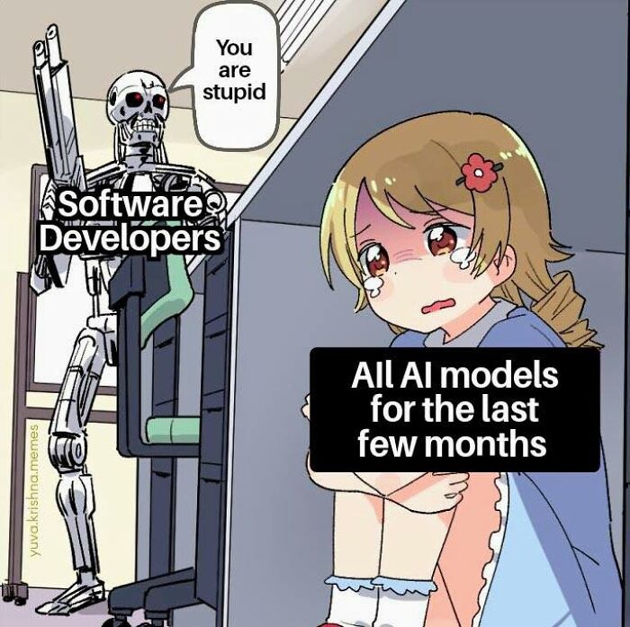 Anime-style meme showing software developers telling crying AI models they are stupid, highlighting programmer humor.