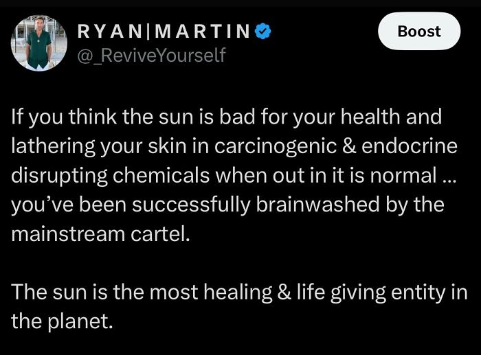 Tweet by Ryan Martin discussing absurd scientific takes about the sun and health, highlighting modern society's misconceptions.