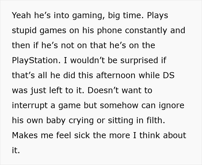 Text discussing a dad focused on gaming who forgets to change his son's diaper or feed him, making mom livid.