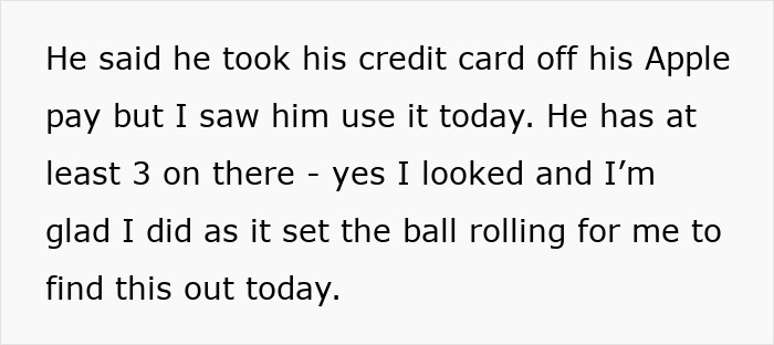 Text showing a wife discovering her husband&rsquo;s huge debt and feeling upset he kept it a secret.