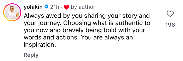 Screenshot of a supportive comment praising Alyssa Milano&rsquo;s journey and decision to remove her breast implants.