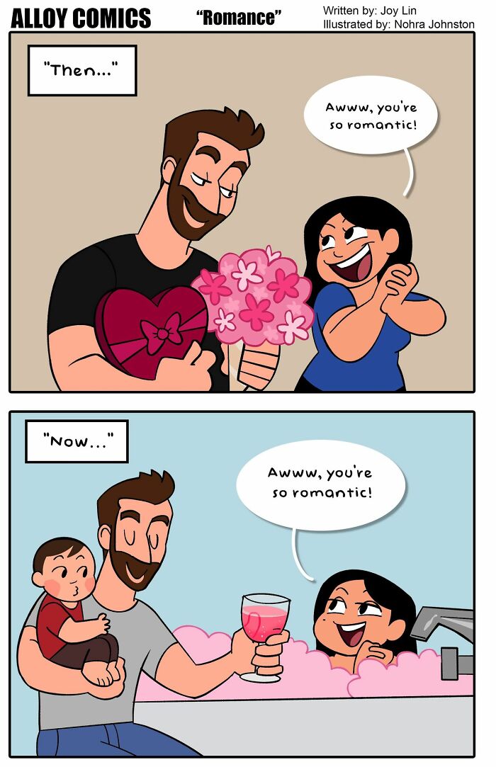 Couple sharing romantic moments with flowers and drink while raising a baby in a funny love and marriage comic.
