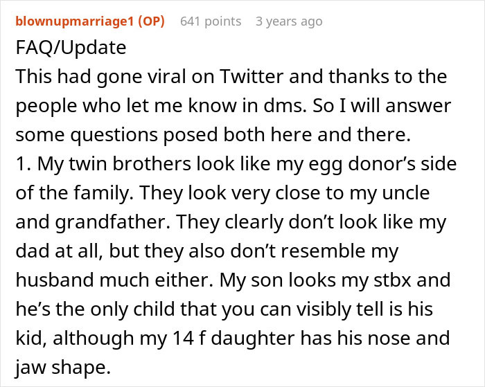 Text post from user blownupmarriage1 updating followers about viral Twitter story involving a woman catching her mom sleeping with her husband.