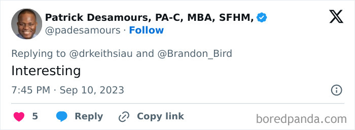 Patrick Desamours, a verified medical professional, replies with the word interesting in a tweet thread discussing Beckham's health concerns.