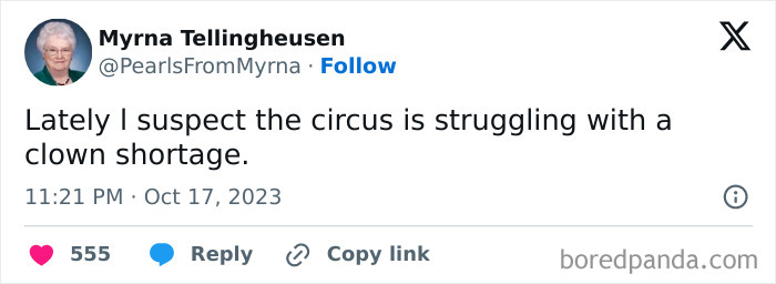 Tweet from internet’s funniest grandma sharing a witty joke about a circus clown shortage on social media.