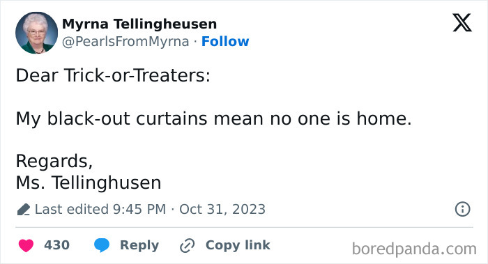 Tweet from internet’s funniest grandma sharing a witty Halloween joke about blackout curtains and trick-or-treaters.