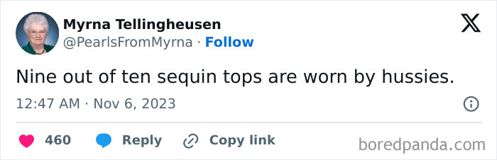 Tweet from internet’s funniest grandma sharing a sharp, witty joke about sequin tops and hussies.
