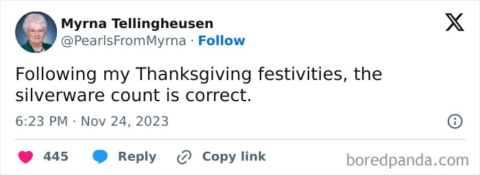 Tweet from internet’s funniest grandma sharing a witty Thanksgiving joke after holiday festivities.