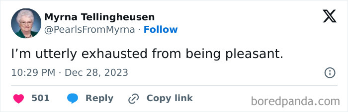 Screenshot of a humorous tweet by the internet’s funniest grandma, sharing a witty joke with sharp humor.