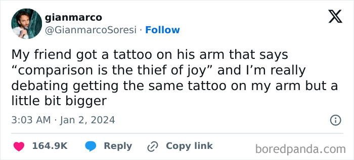 Tweet about debating getting a tattoo with a relatable quote, part of hilarious posts to laugh away fatigue.