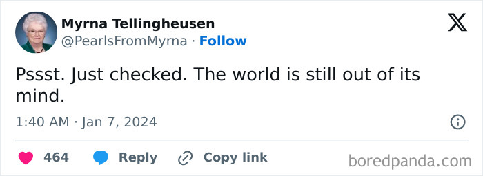 Internet’s funniest grandma sharing a sharp-witted joke in a tweet, showing her humor and charm online.