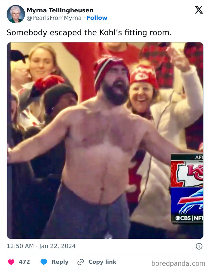 Shirtless man cheering at sports event, surrounded by fans, with internet’s funniest grandma jokes and knitting humor.