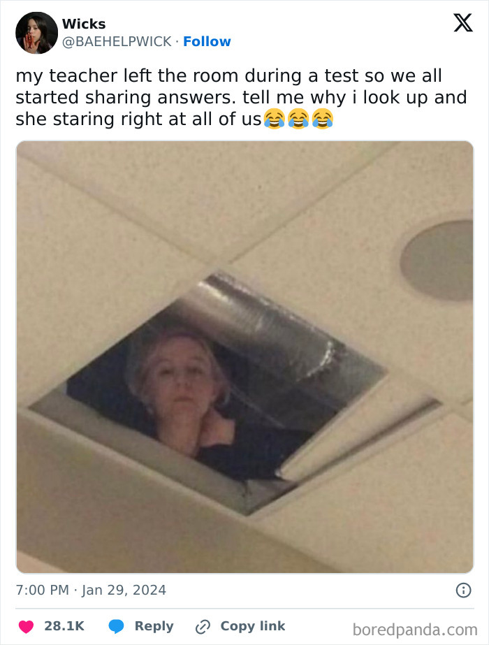 Teacher hiding in ceiling, humorously watching students during a test, showcasing funny teachers with great sense of humor.