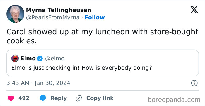 Twitter post from internet’s funniest grandma sharing a sharp joke about luncheon cookies, engaging with followers.