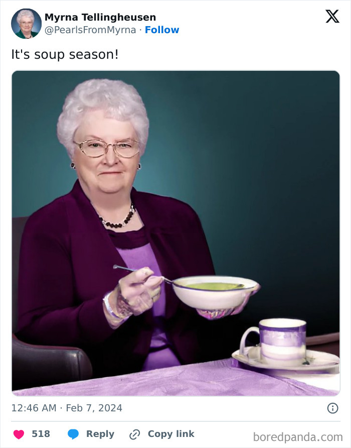 Elderly woman known as internet’s funniest grandma holding a bowl of soup, smiling with sharp wit.