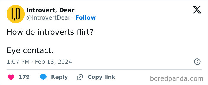 Tweet from Introvert Dear sharing an introvert meme about how introverts flirt using eye contact, a popular introvert meme.