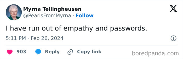Tweet from internet’s funniest grandma, sharing a witty joke about running out of empathy and passwords.