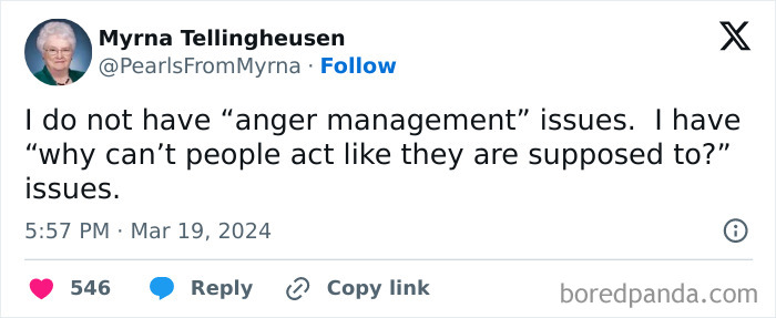 Screenshot of a humorous tweet by an internet famous grandma sharing a sharp-witted joke about anger management issues.