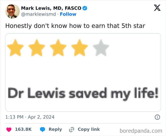Tweet by Dr. Lewis humorously showing a four-star rating with a comment on the challenge of working in medicine.