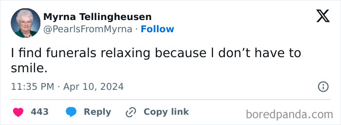 Screenshot of internet’s funniest grandma tweet sharing a sharp joke, with her profile picture and engagement icons visible.